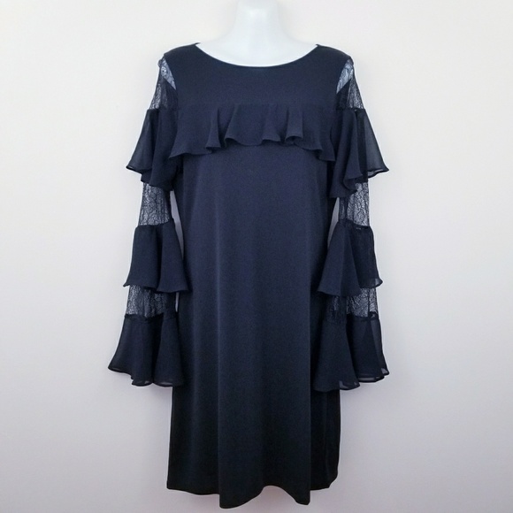 WHBM | Black Ruffled Lace Bell Sleeve Shift Dress - Picture 4 of 8